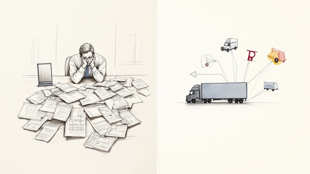 Illustrazione di un uomo stressato dalla burocrazia accanto a un camion che rappresenta una logistica efficiente.