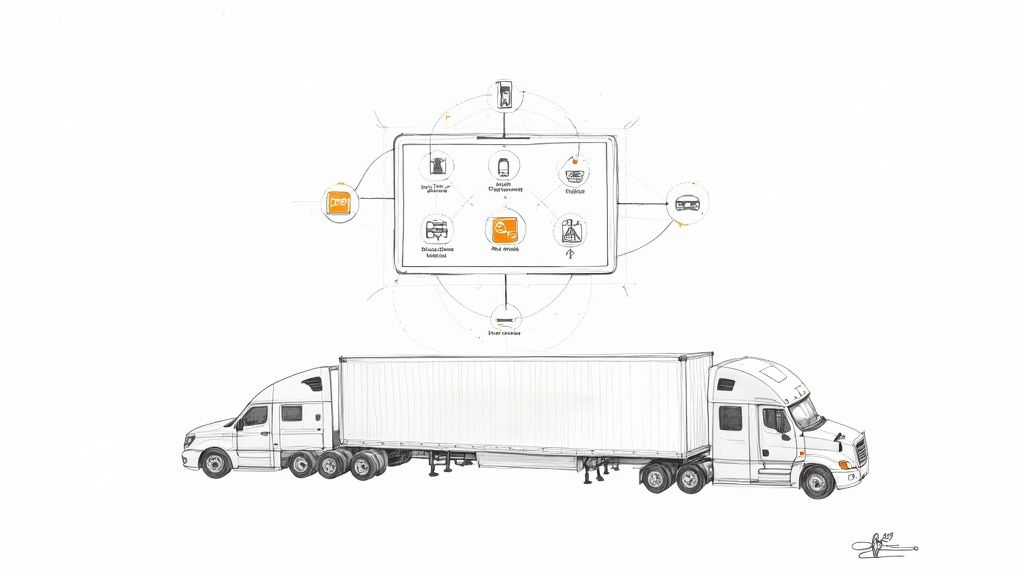 Een diagram met een centrale tabletinterface die verbonden is met twee vrachtwagens en fleetmanagementoplossingen toont.