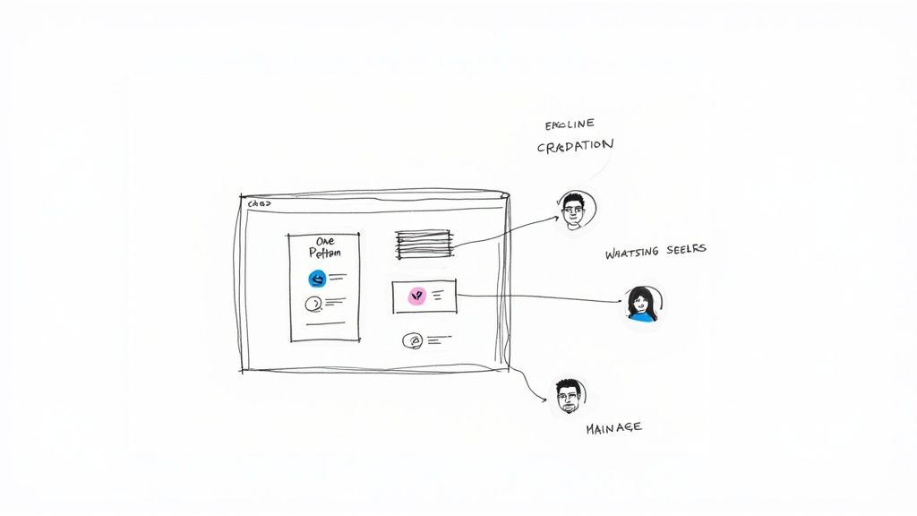 Een handgetekende schets van een UI-ontwerp met drie avatars en bijbehorende labels.