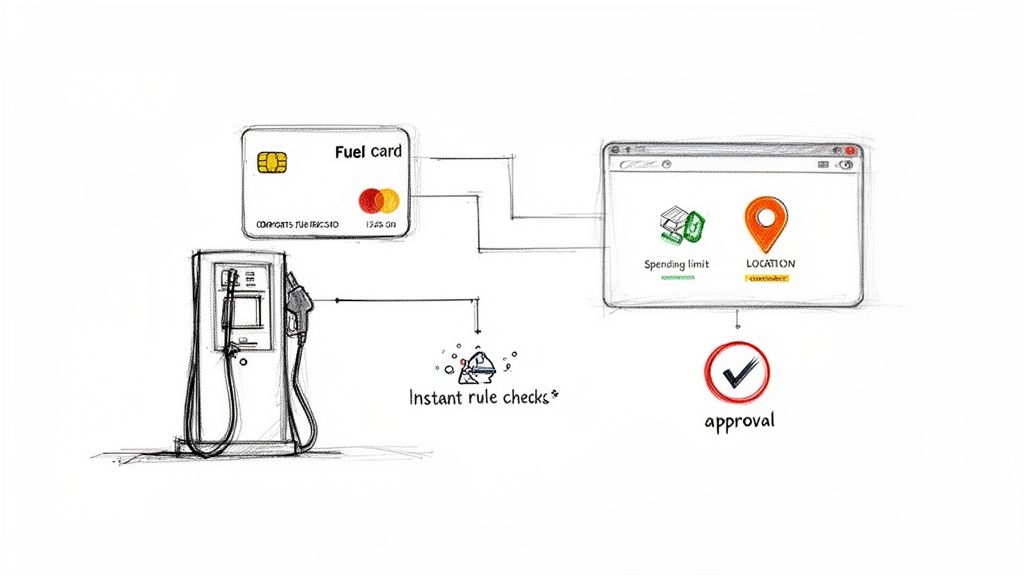 Un diagramma che illustra un processo di transazione con carta carburante con controlli istantanei delle regole e approvazione in base a limiti di spesa e posizione.