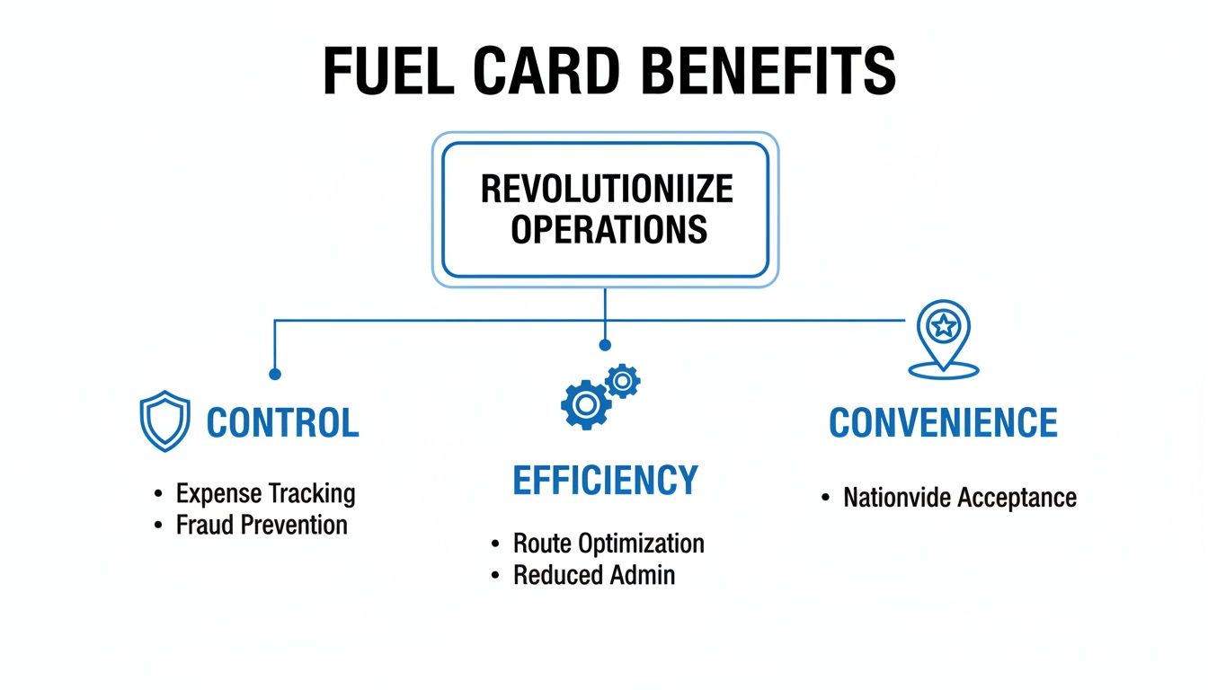 Infografica sui vantaggi della carta carburante: controllo, efficienza e praticità per le operazioni.