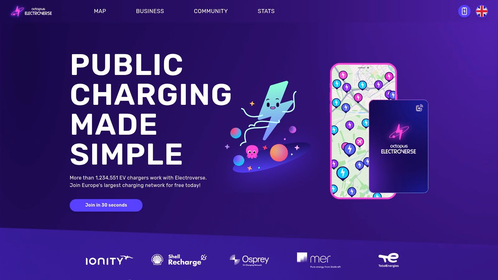 Rede de carregamento do cartão de carregamento para veículos elétricos Octopus Electroverse