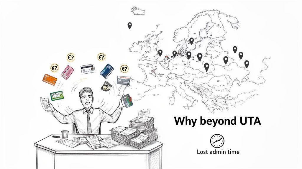 Esboço de um empresário a fazer malabarismo com cartões de pagamento e recibos, indicando tempo administrativo perdido com múltiplas soluções na Europa.