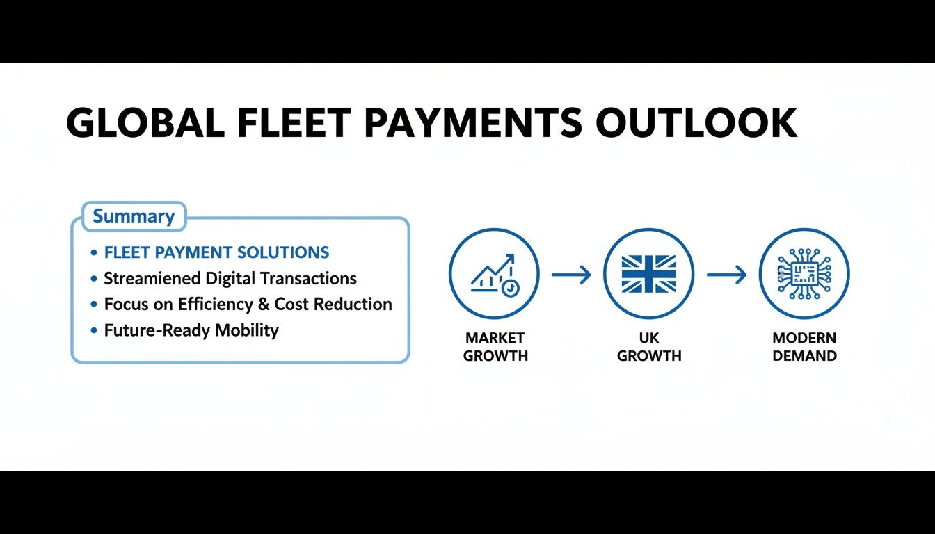 Slide Global Fleet Payments Outlook com resumo de soluções, mercado, crescimento no Reino Unido e procura moderna.