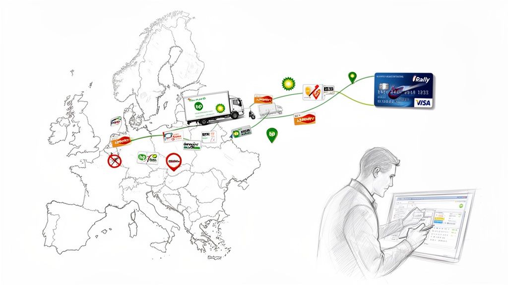 Mapa da Europa a ilustrar uma rede de cartões BP para camiões e logística, gerida online.