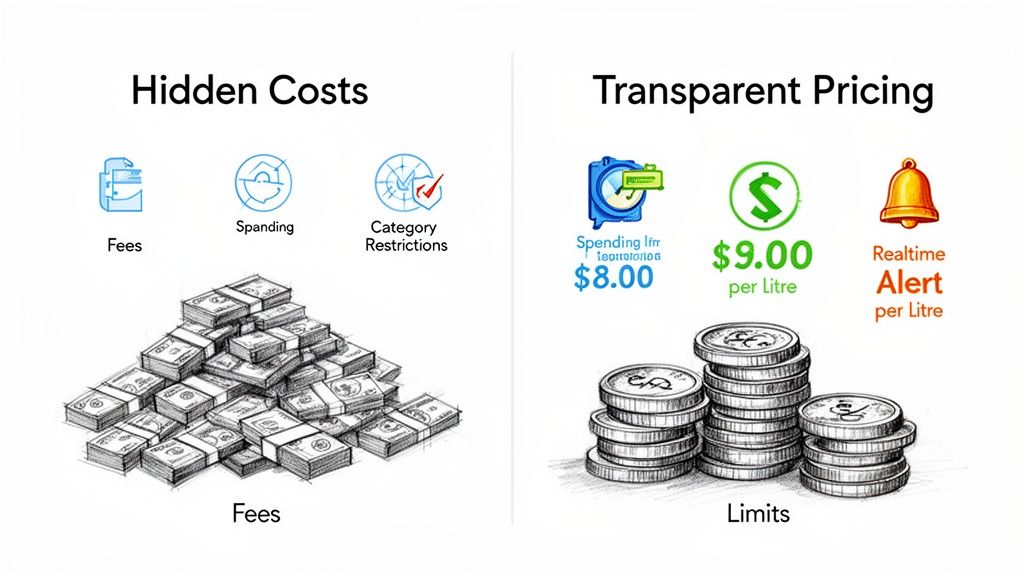 Uma imagem a comparar custos ocultos como taxas e restrições com preços transparentes, mostrando limites de despesa e alertas.