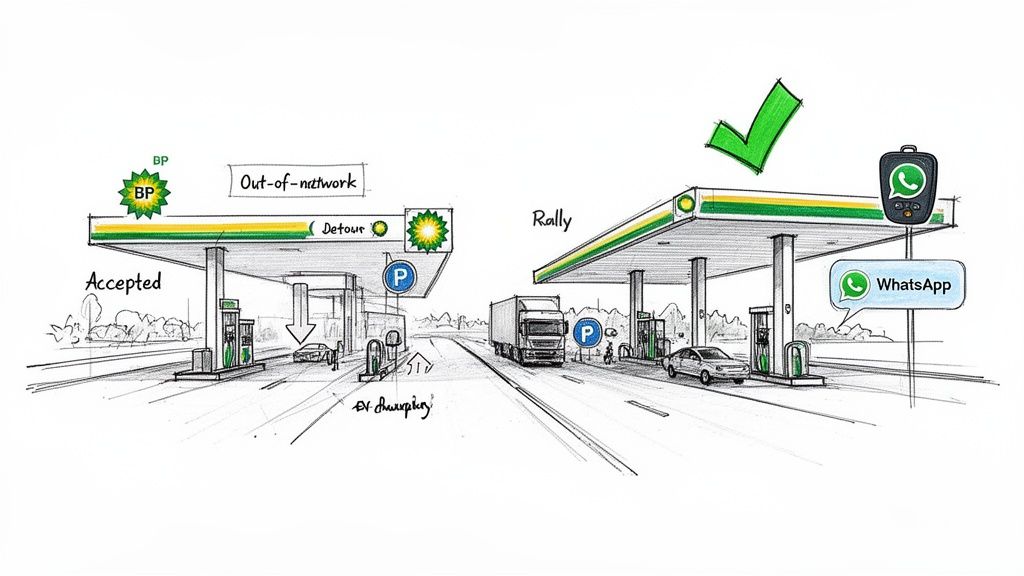 Esboço a comparar uma estação BP fora da rede que exige desvio com uma estação Rally conveniente e integrada digitalmente.