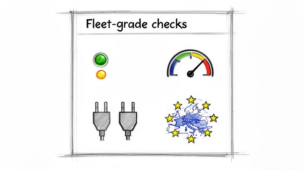 Illustrazione di 'Controlli fleet-grade' con spie di stato, indicatore, prese elettriche e una mappa europea.