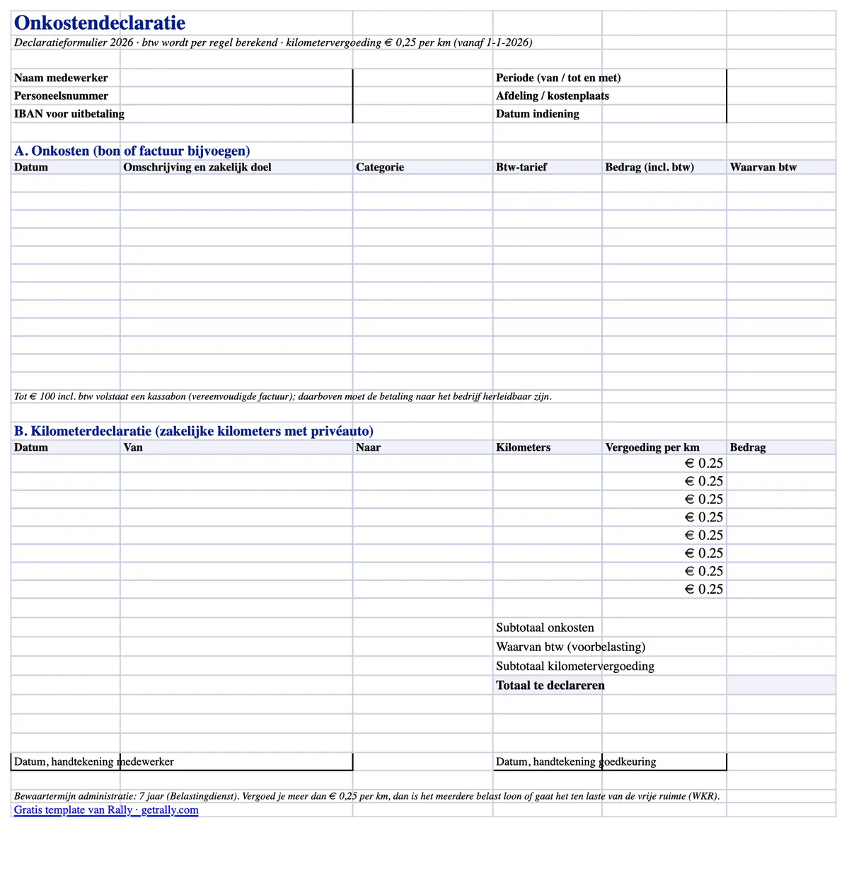 Preview of the Dutch declaratieformulier Excel template with expense, VAT, and mileage sections