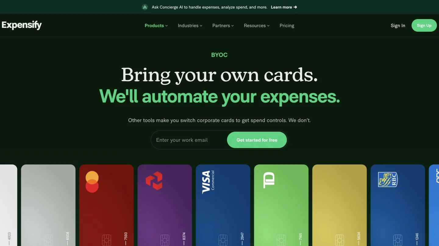 Expensify bring-your-own-cards page showing its card-agnostic expense workflow