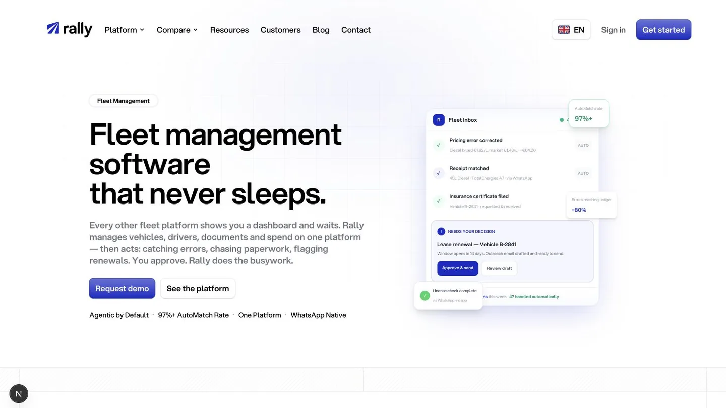 Rally fleet management software page showing its unified fleet inbox and AutoMatch workflow