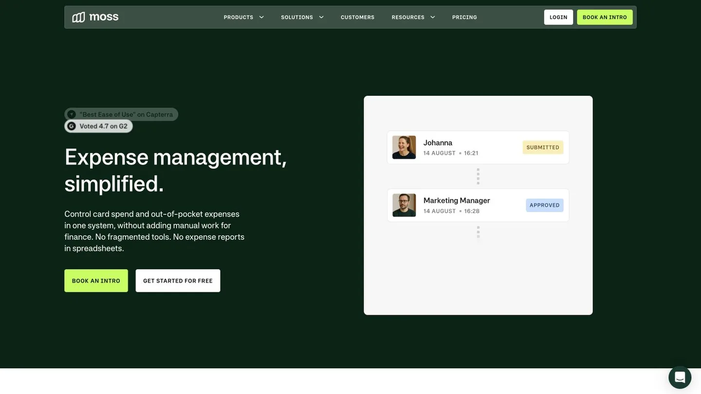 Moss expense management page showing its spend control and approval workflow
