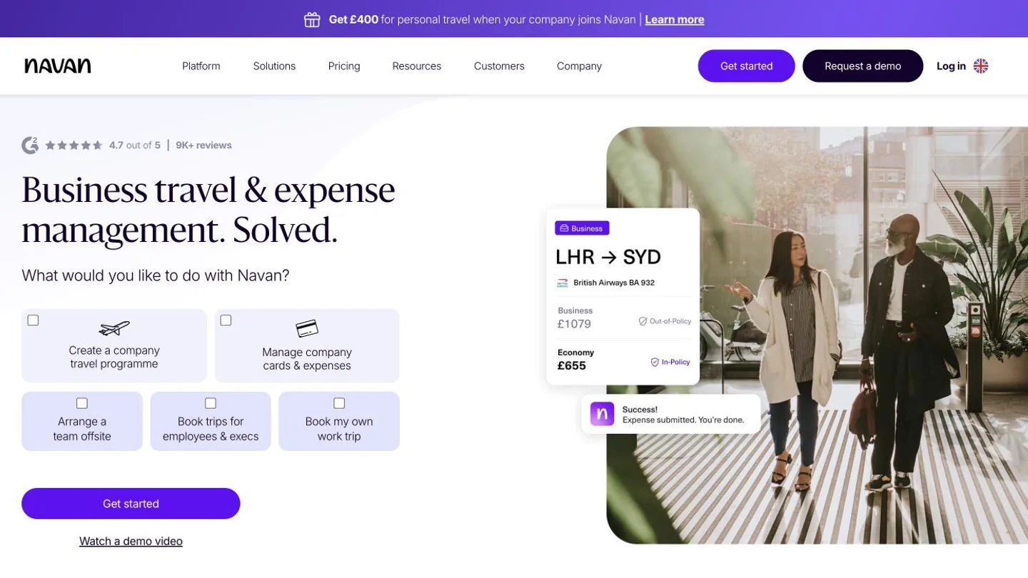 Navan page showing its combined business travel and expense management platform