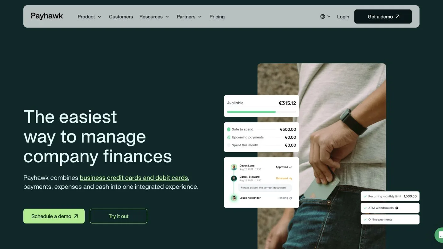 Payhawk product page showing its company finance and spend management platform
