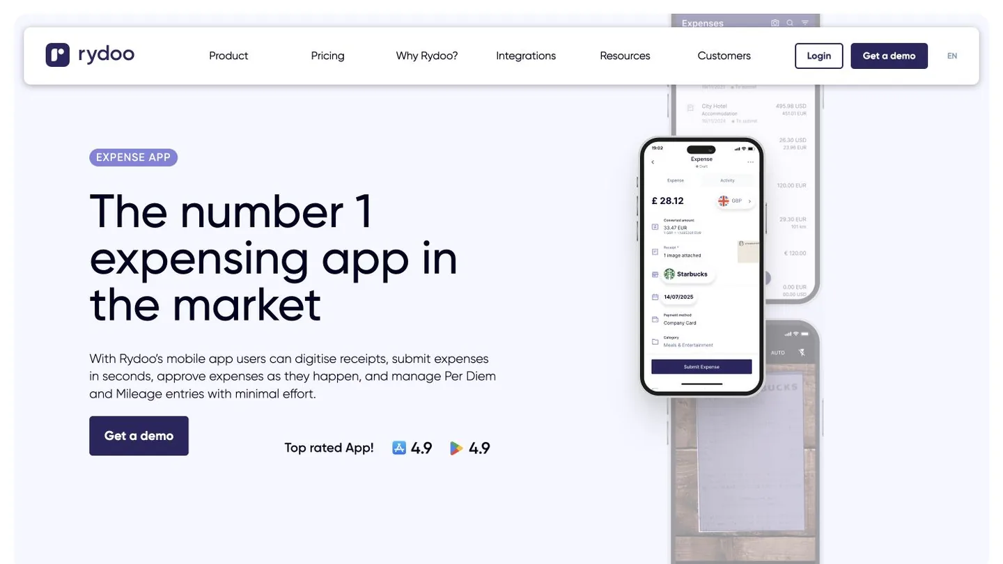 Rydoo mobile expense app page showing its receipt and expense workflow