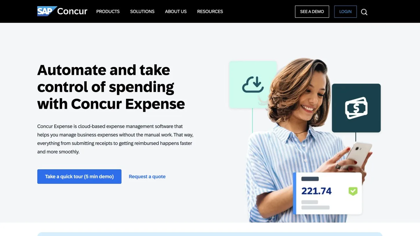 SAP Concur Expense page showing its automated corporate expense management offering