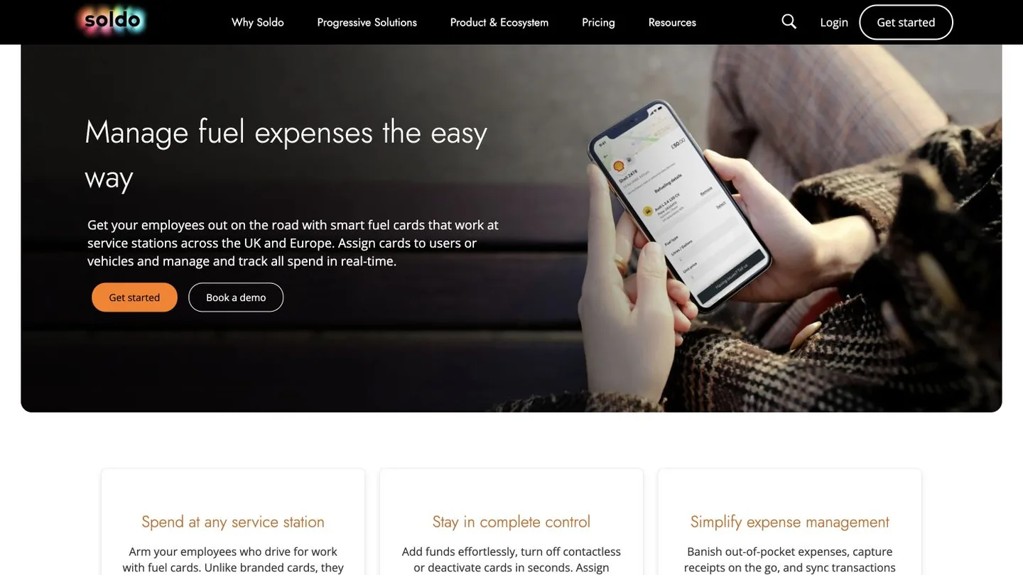 Soldo fuel card product page showing its fuel expense management offering