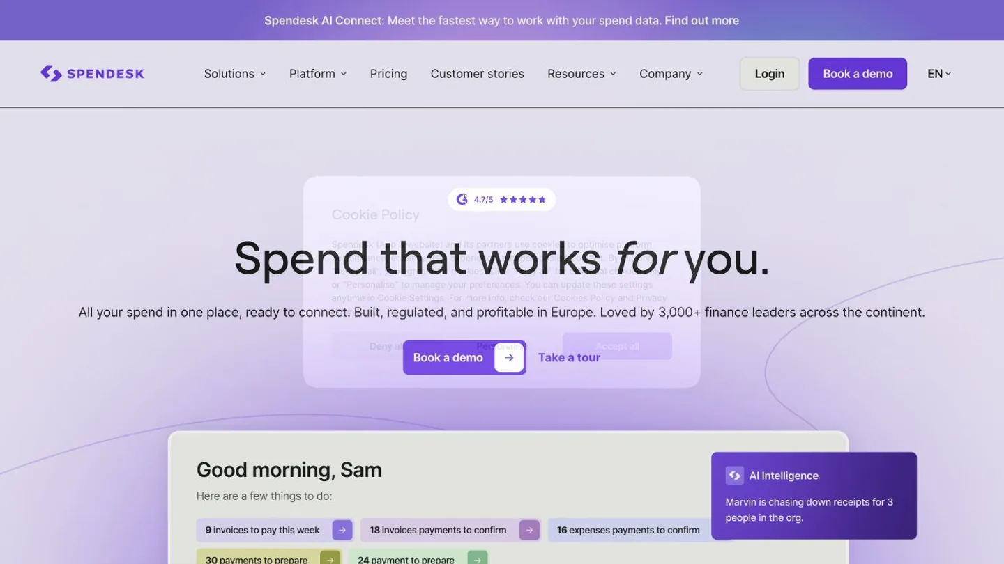 Spendesk spend management page showing its finance dashboard and controls