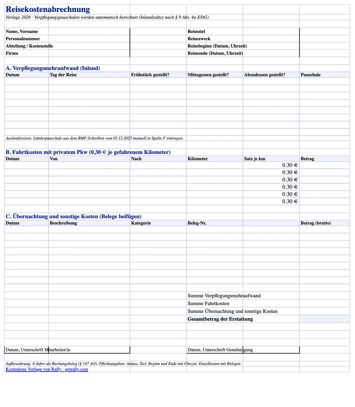 Preview of the German Reisekostenabrechnung Excel template with per diem, mileage, and receipt sections